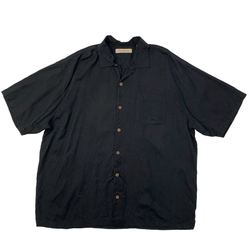 Vintage Tommy Bahama Shirt Men XLX Big Man Black Silk Jacquard Camp Short Sleeve